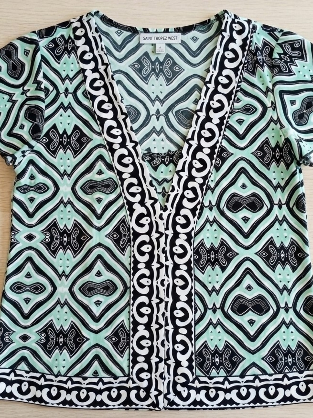 Saint Tropez West Mint Green and Black Geometric V-Neck Top